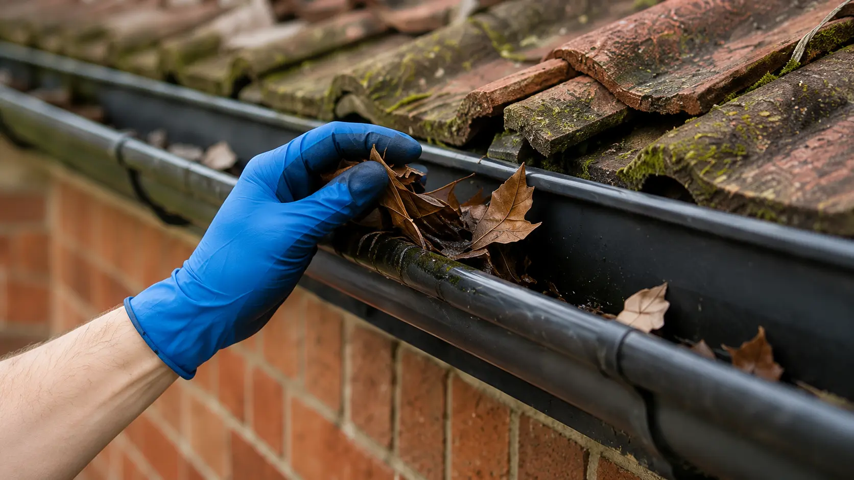Clearing out leaves from a gutter.
